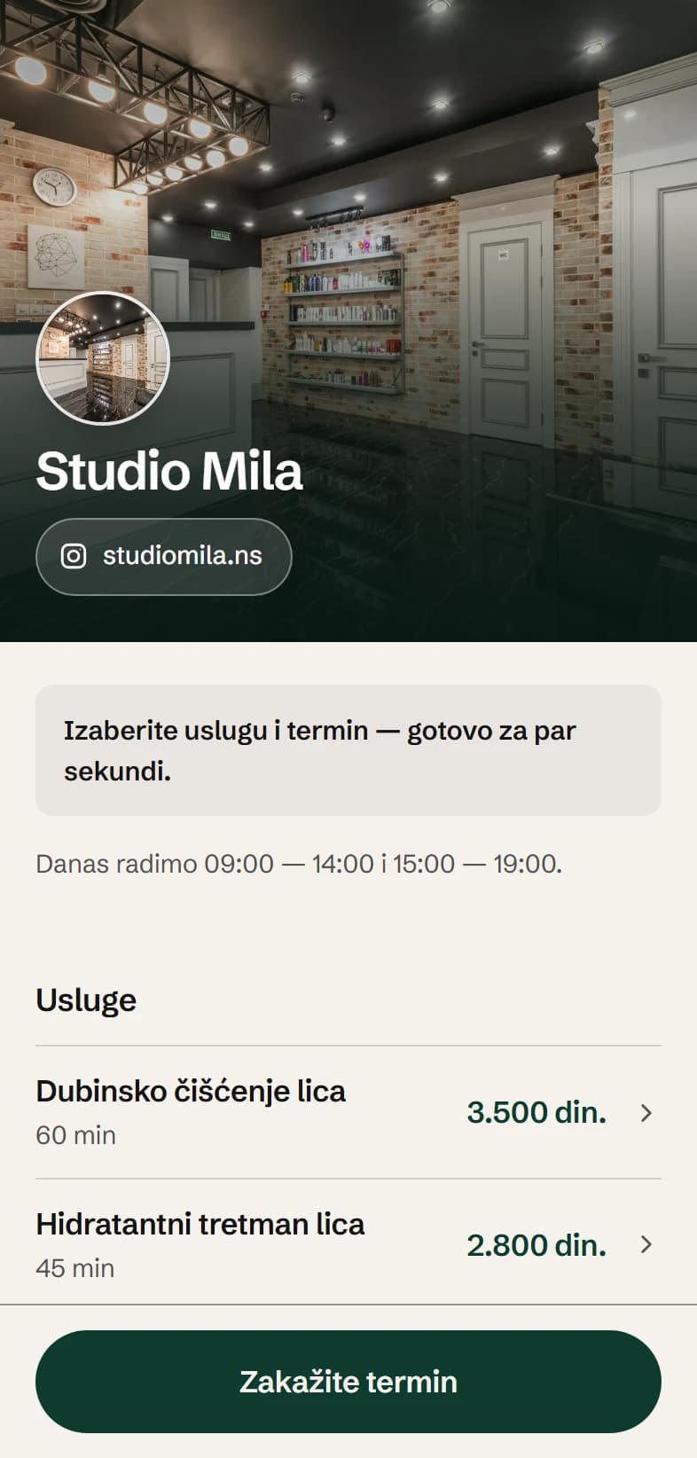 Javna stranica salona Studio Mila sa spiskom usluga i cenama