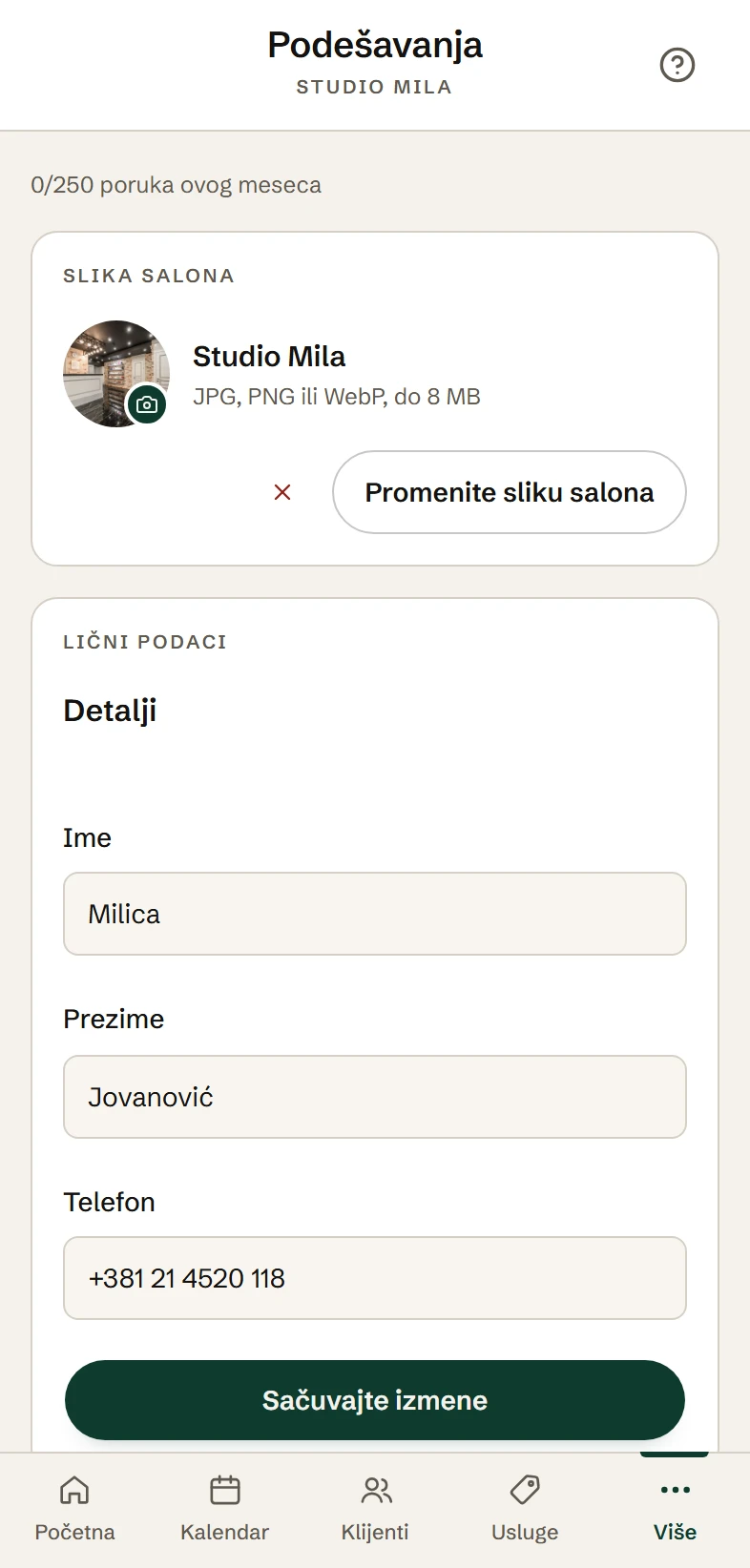 Ekran aplikacije Slobodno: podešavanja naloga i salona.